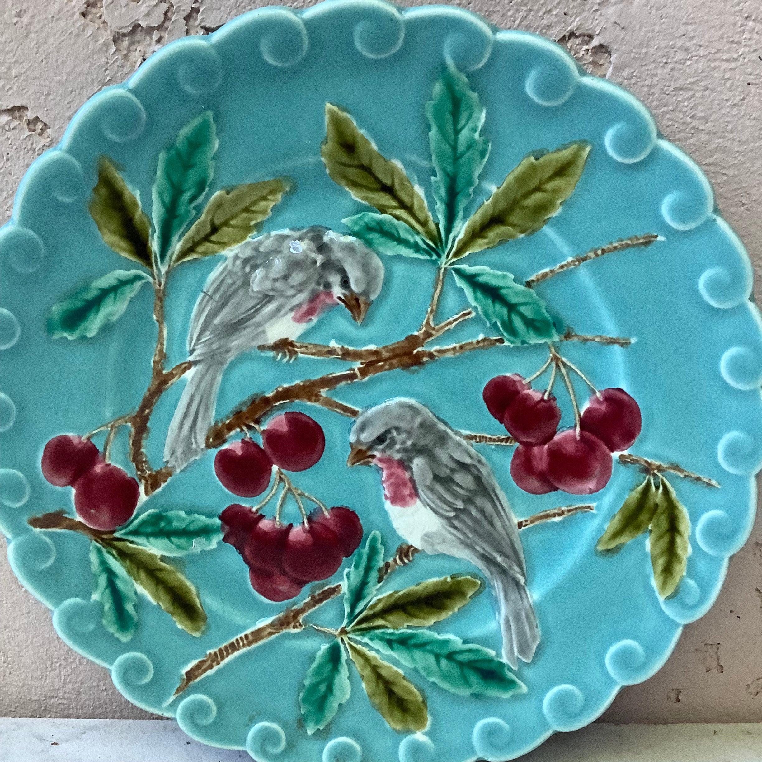 French Provincial French Majolica Bird and Cherries Plate Sarreguemines, circa 1880