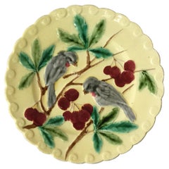 French Majolica Bird and Cherries Plate Sarreguemines, circa 1880
