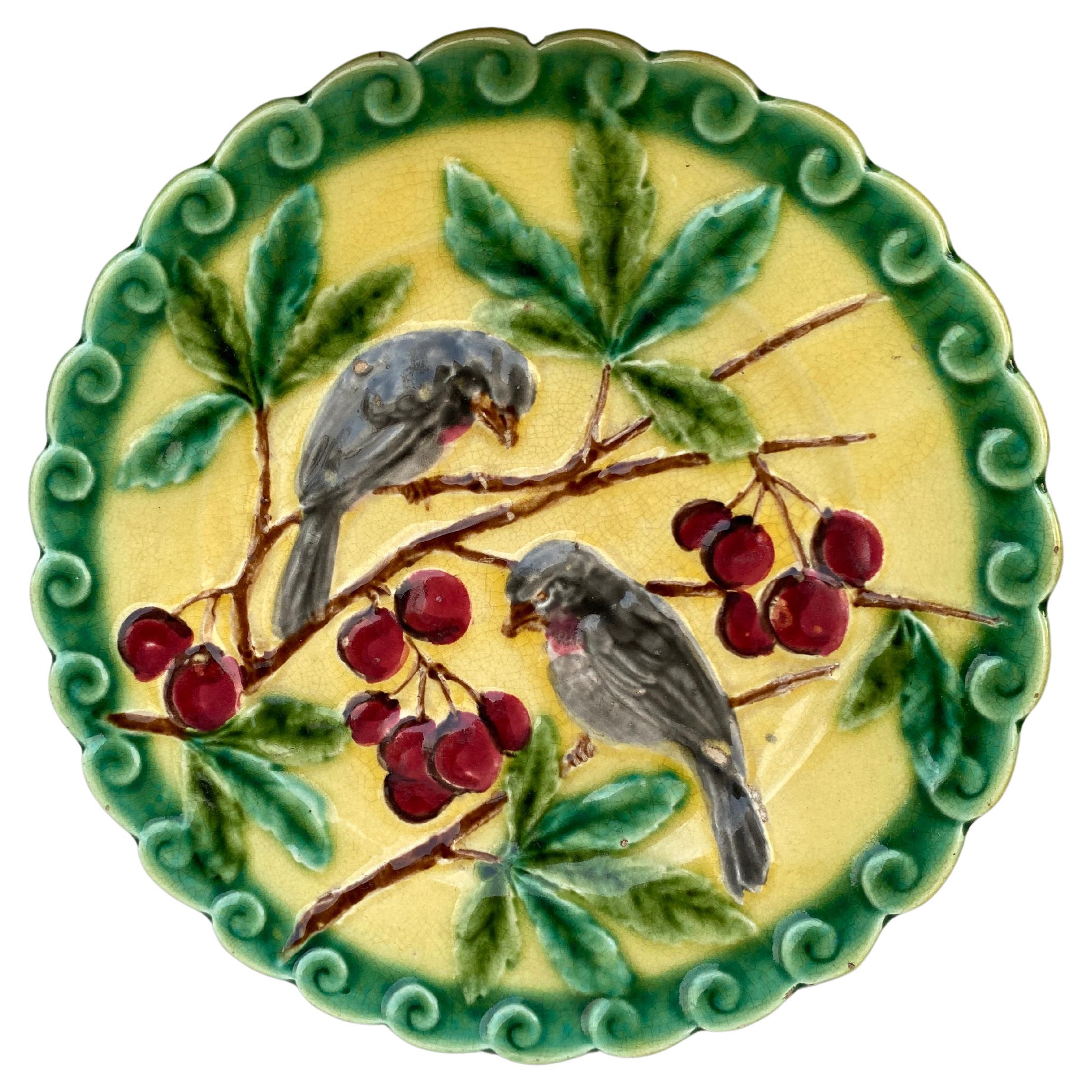 French Majolica Bird and Cherries Plate Sarreguemines, circa 1880 For Sale