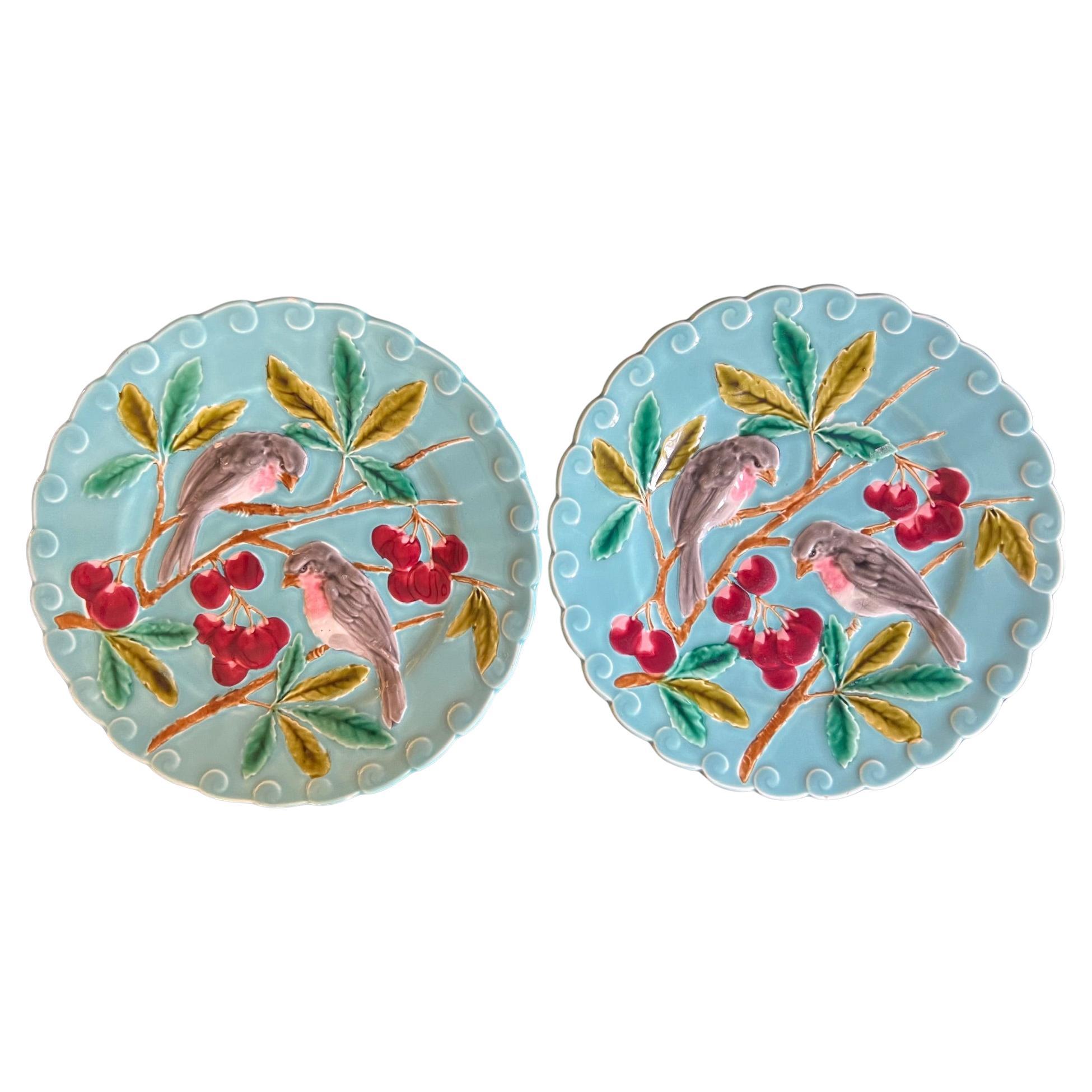 Céramique Ensemble de 2 assiettes en majolique française avec oiseaux et cerises, vers 1900 en vente