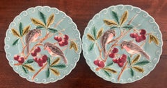 French Majolica Bird and Cherries Plate Set of 2, c. 1900