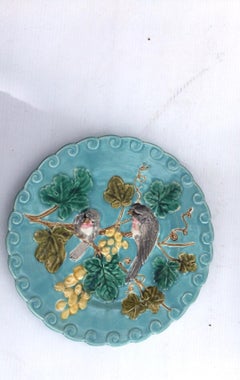 French Majolica Bird and Grapes Plate Sarreguemines, circa 1880