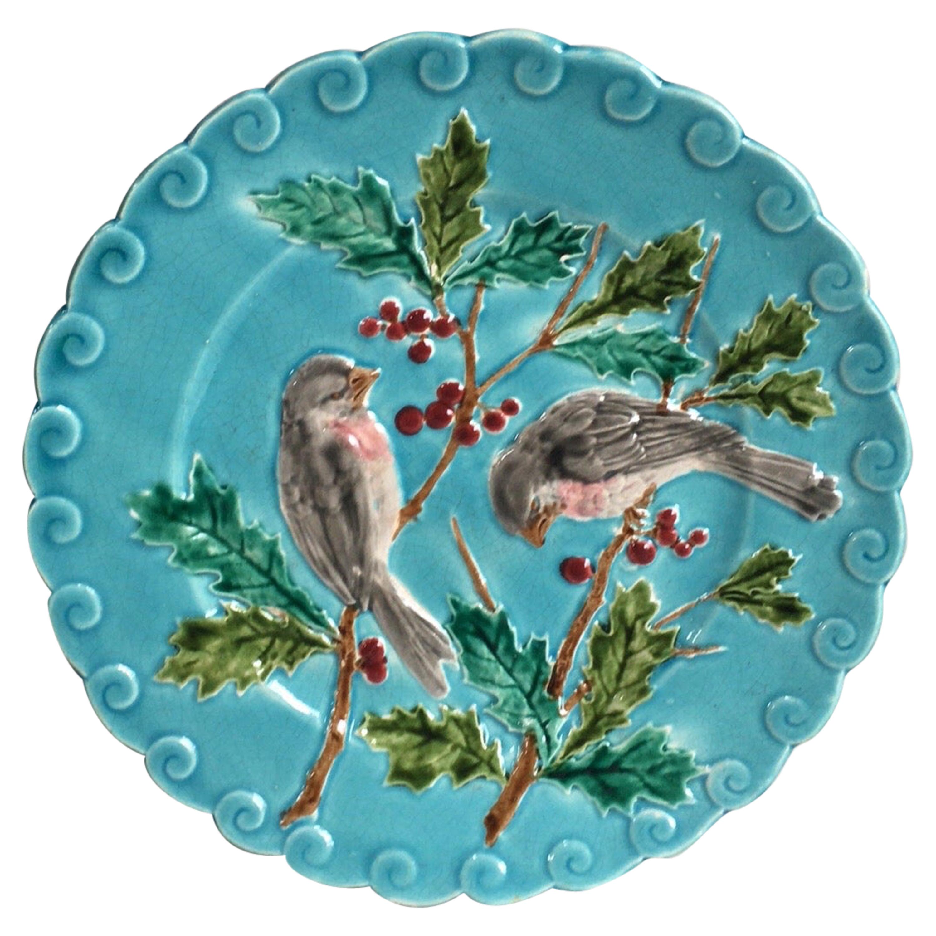 French Majolica Bird and Holly Plate Sarreguemines, circa 1880