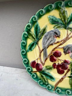French Majolica Bird & Cherries Plate Sarreguemines, circa 1880