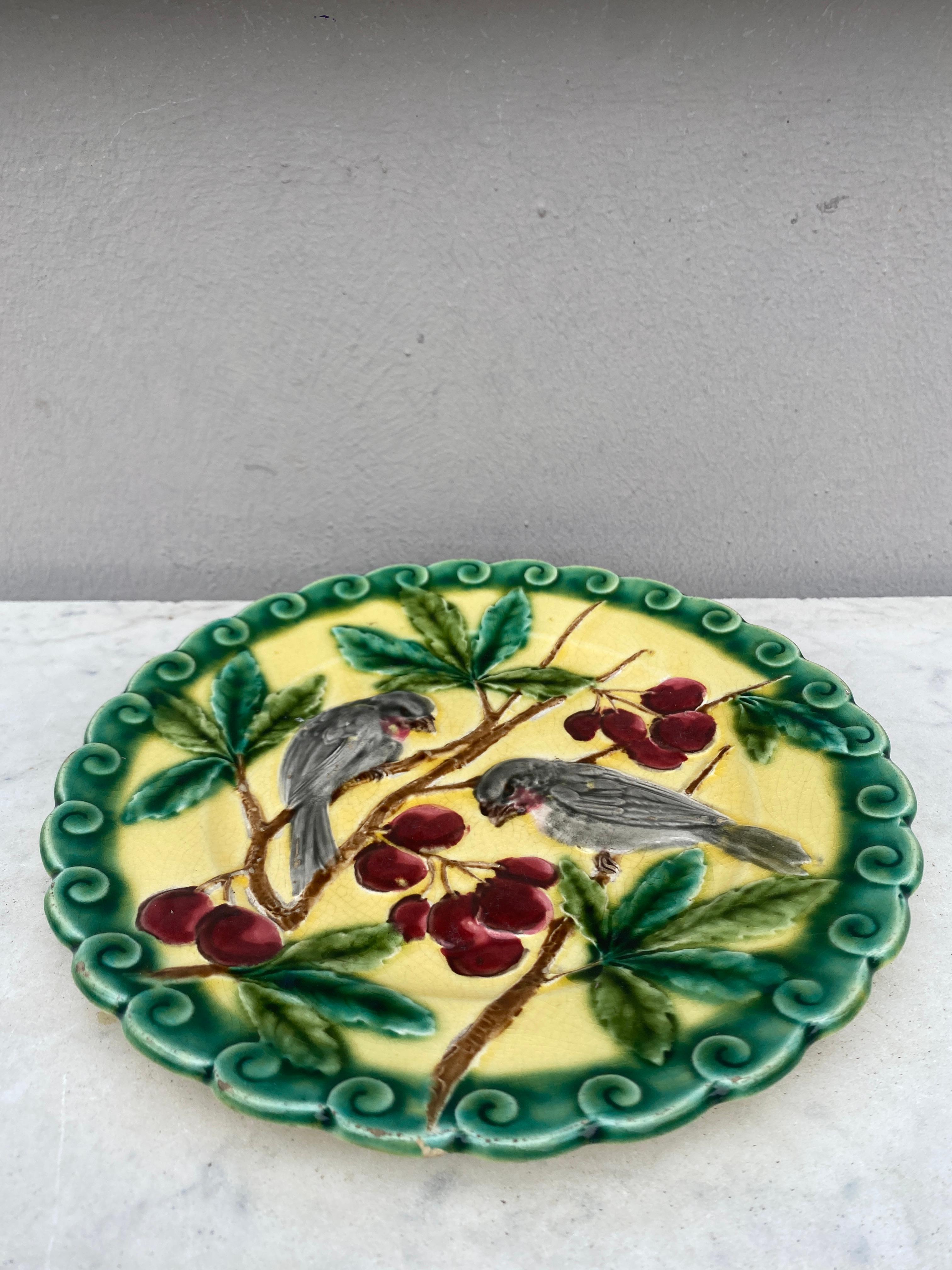 Rustic French Majolica Bird & Cherries Plate Sarreguemines, circa 1880 For Sale