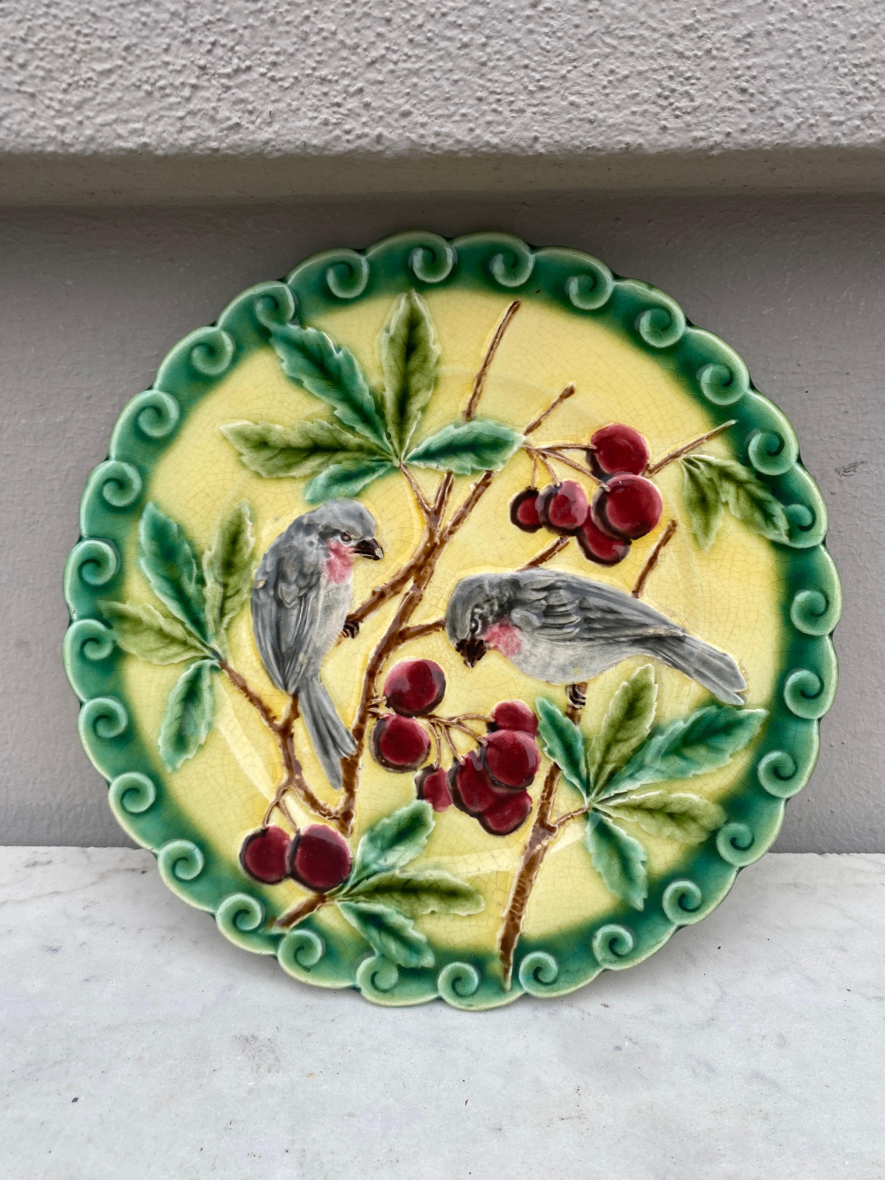 Rustic French Majolica Bird & Cherries Plate Sarreguemines, circa 1880
