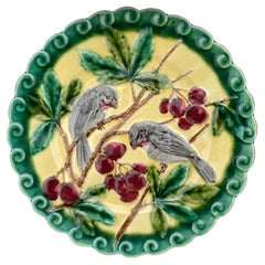 Antique French Majolica Bird & Cherries Plate Sarreguemines, circa 1880