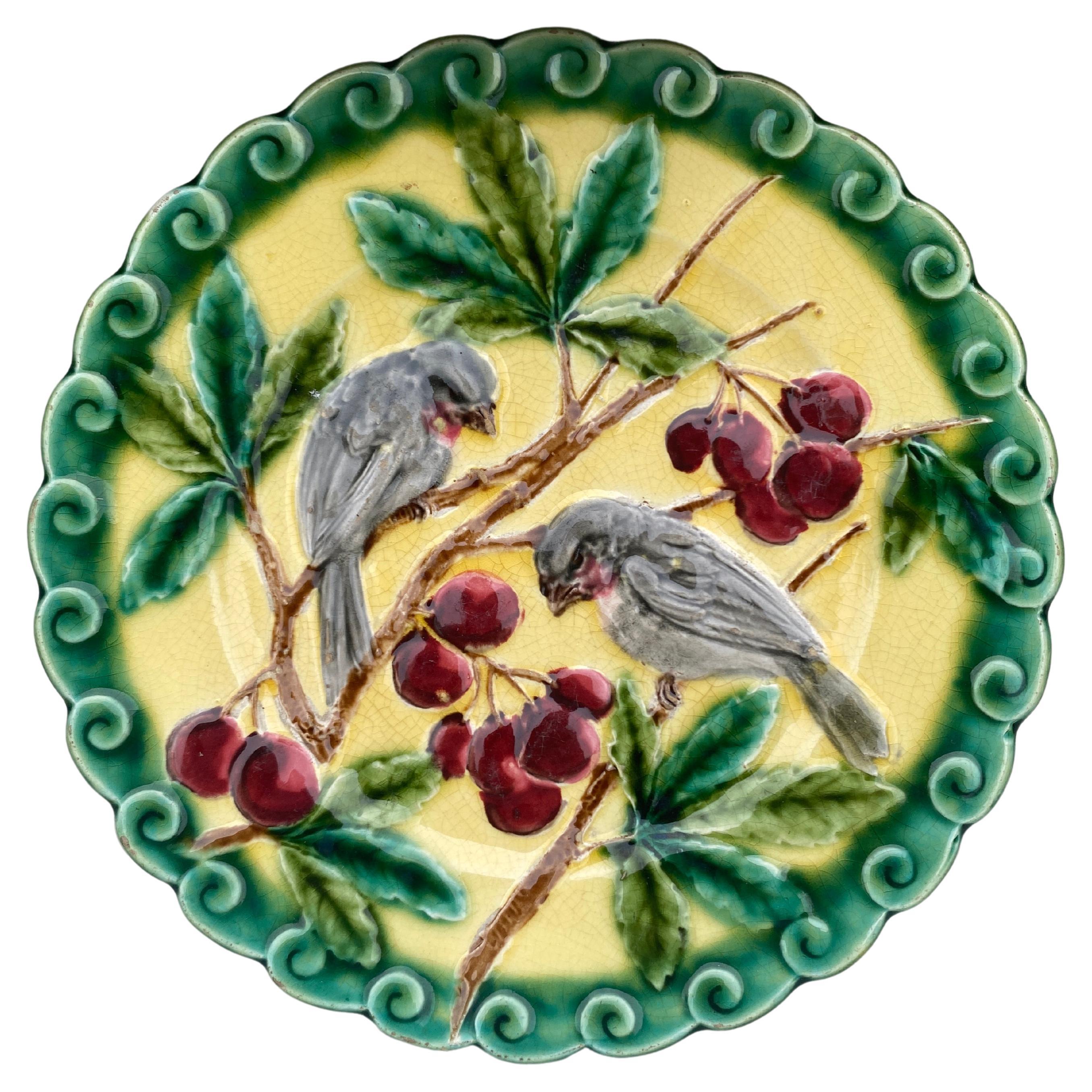 French Majolica Bird & Cherries Plate Sarreguemines, circa 1880