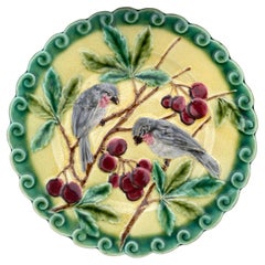Französischer Majolikateller Vogel und Kirschen Sarreguemines, um 1880