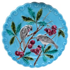 French Majolica Bird & Cherries Plate Sarreguemines, circa 1880