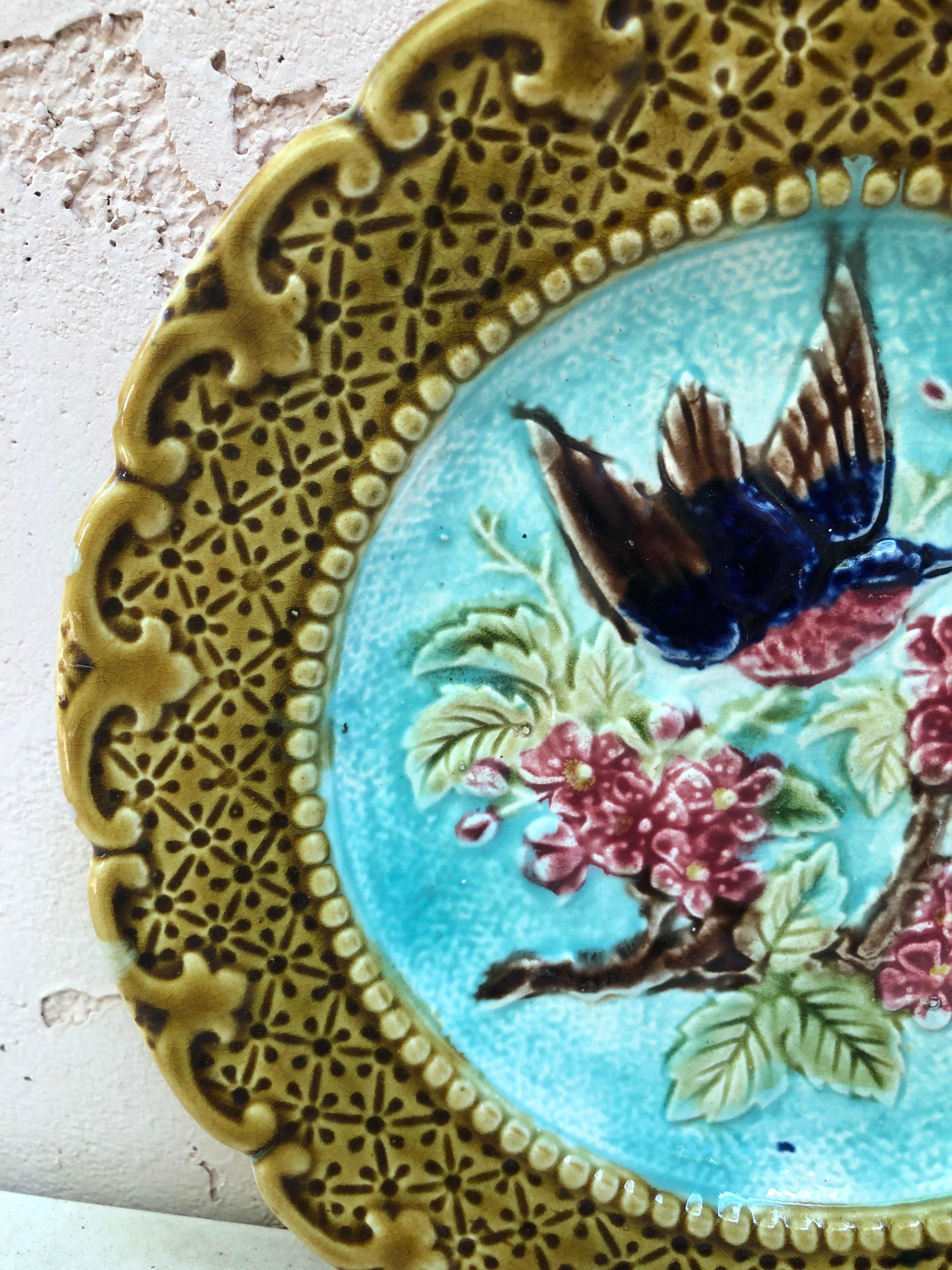 French Majolica bird & flower plate, Circa 1890.
