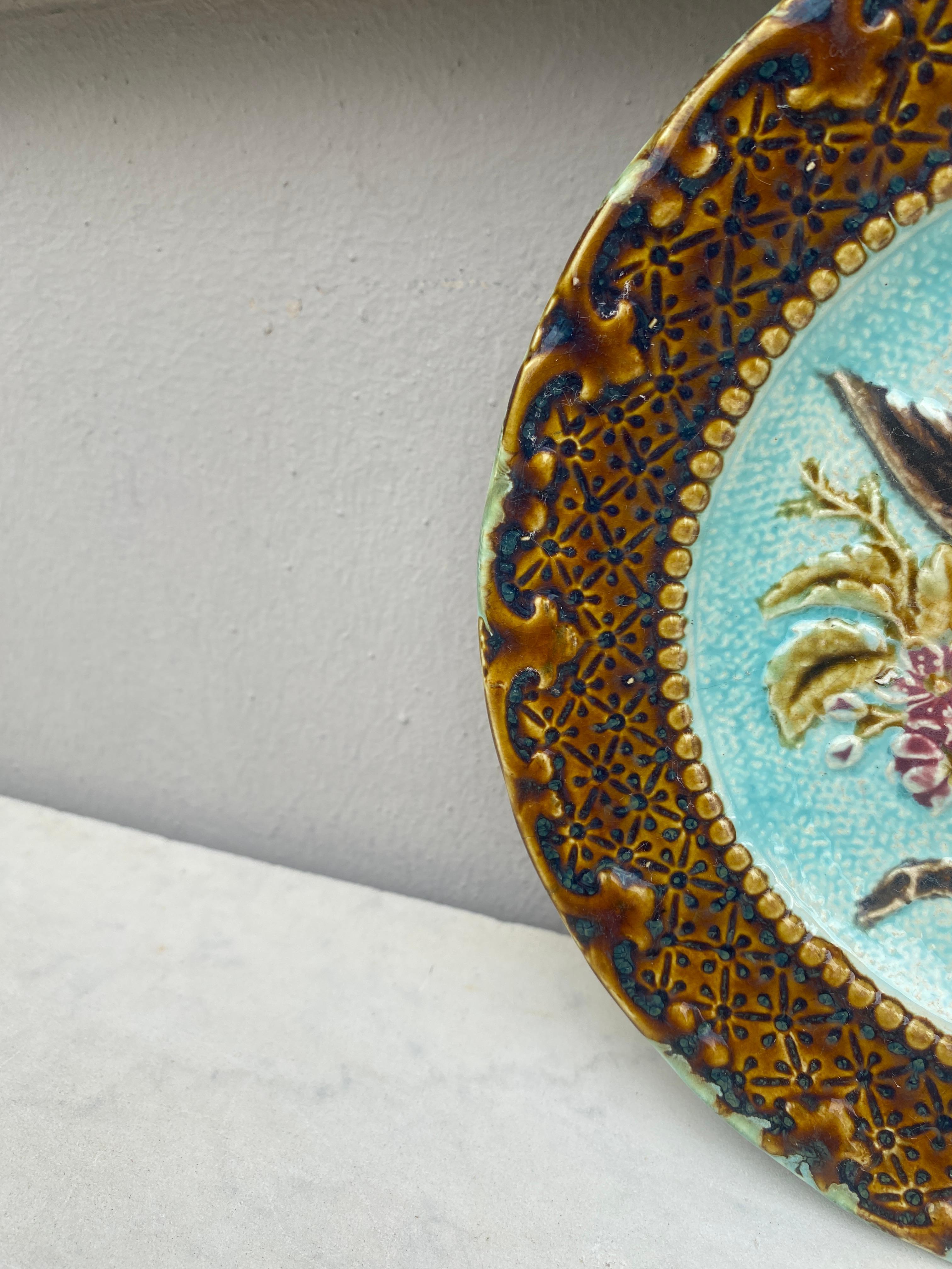 French Majolica bird & flower plate, Circa 1890.