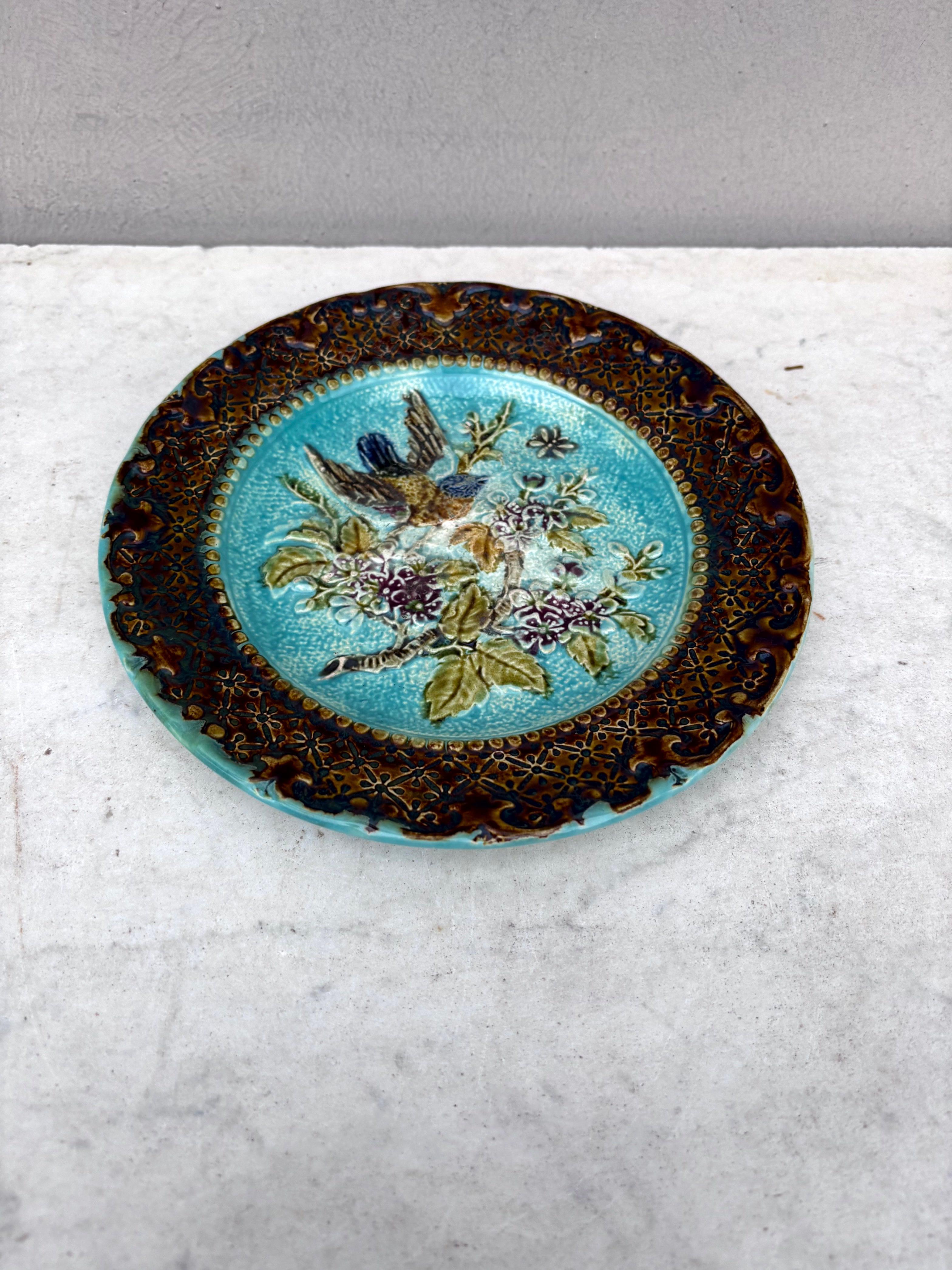 French Majolica bird & flower plate, Circa 1890.
