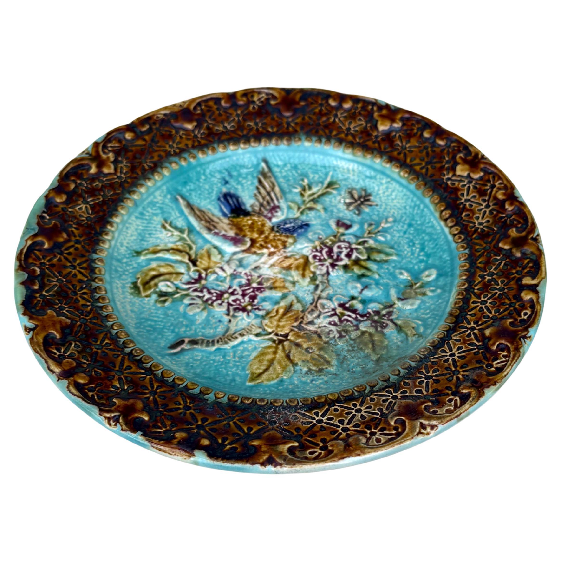 French Majolica bird & flower plate, Circa 1890.