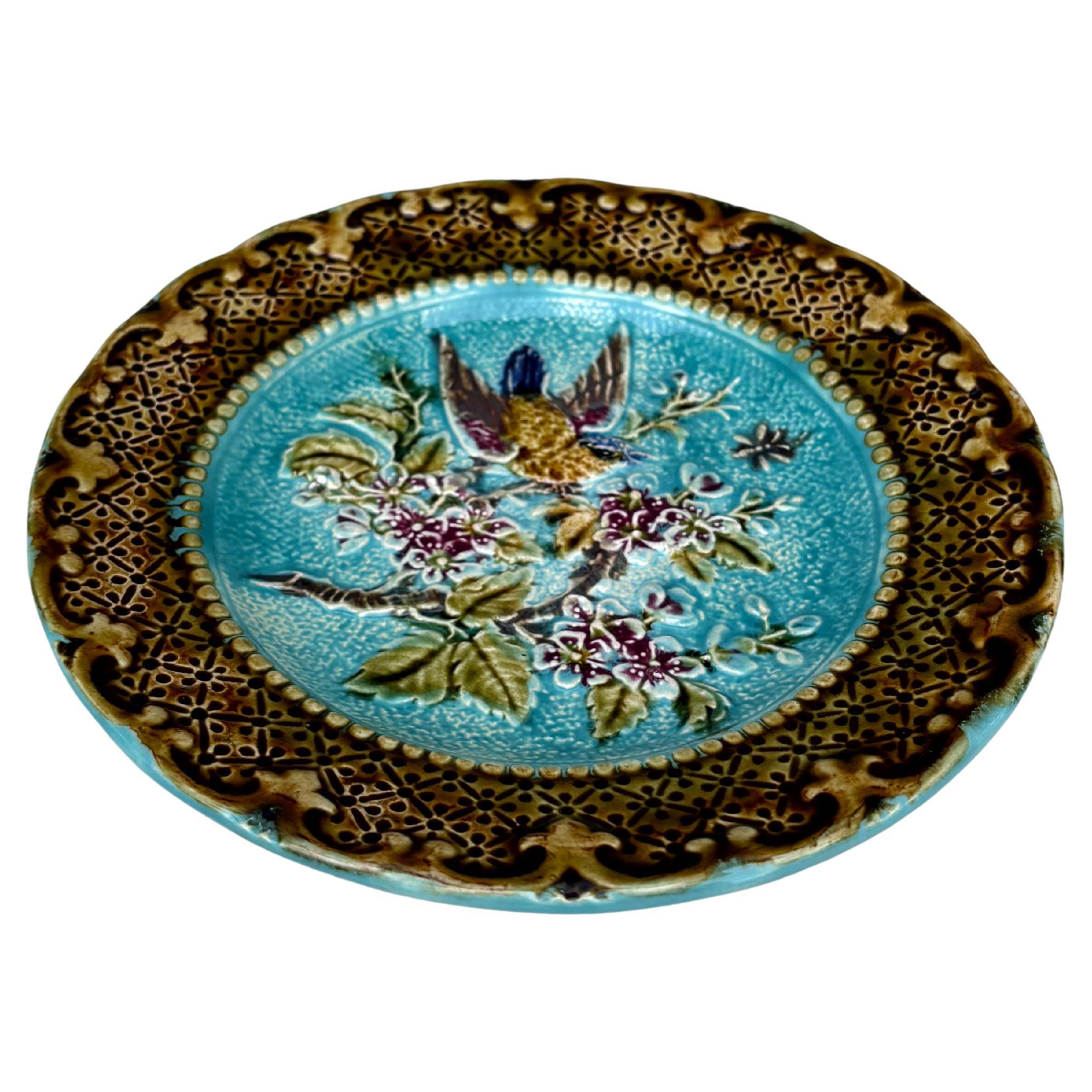 French Majolica bird & flower plate, Circa 1890.