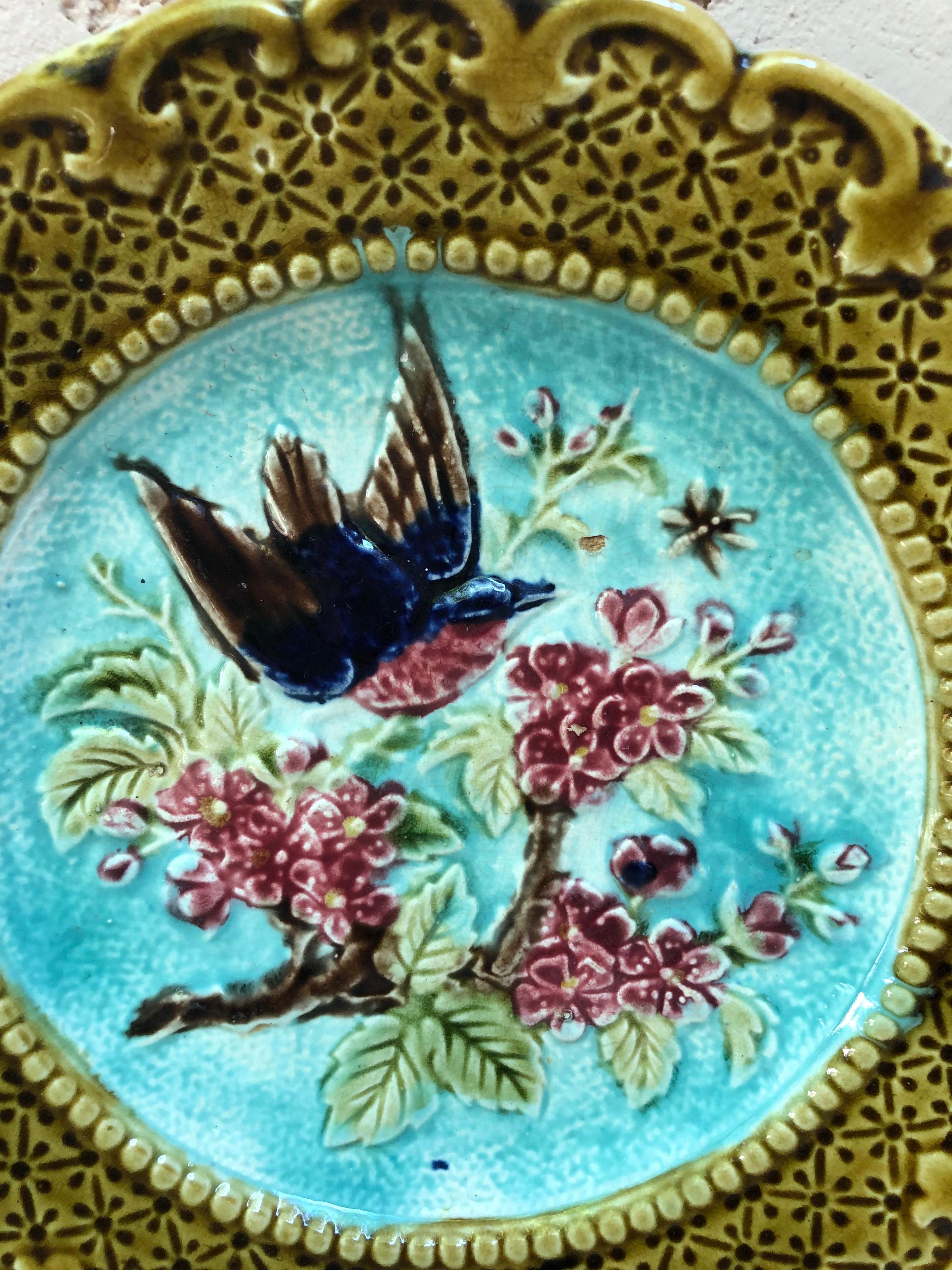 Rustic French Majolica Bird & Flower Plate, Circa 1890