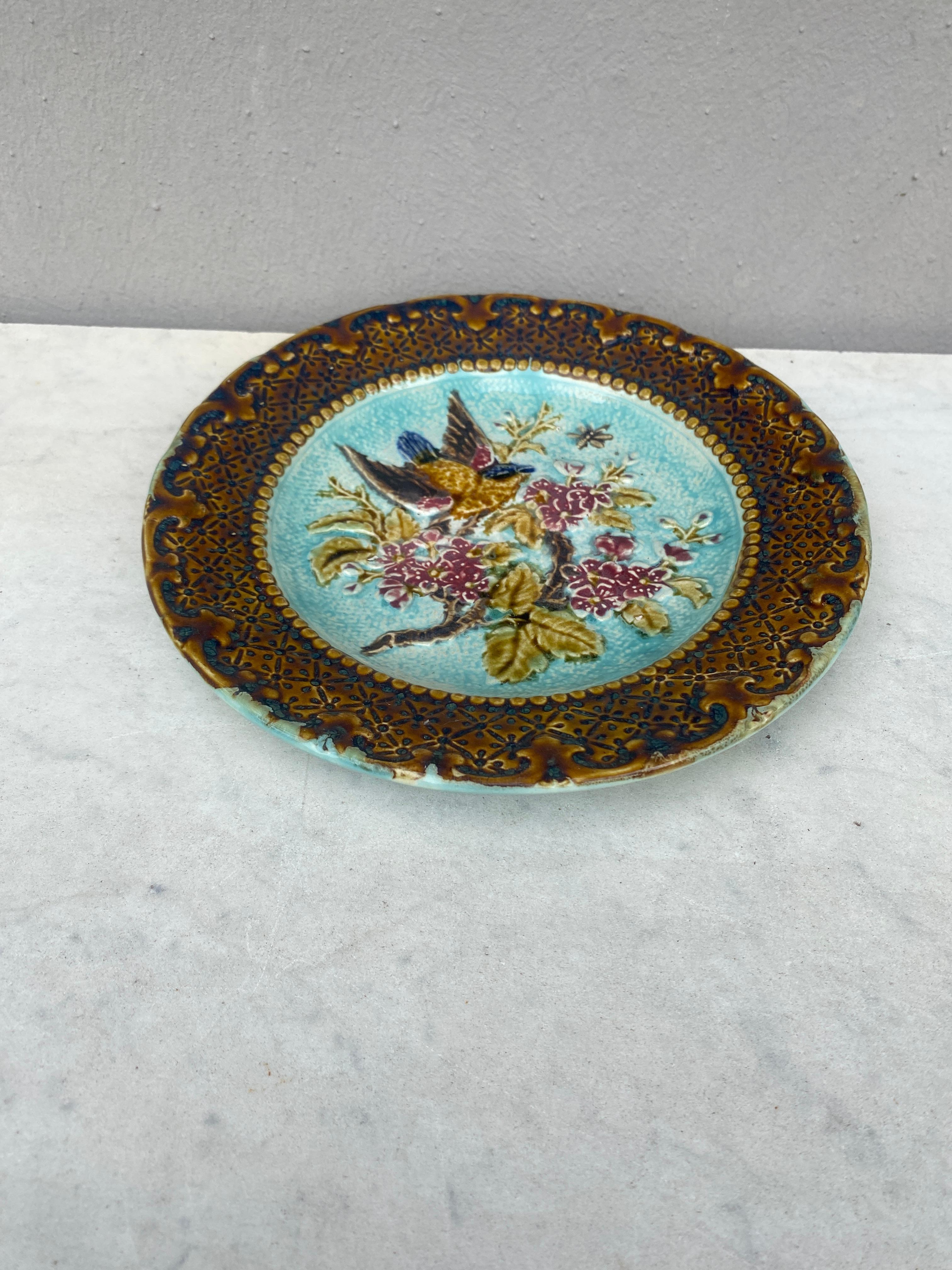 Rustic French Majolica Bird & Flower Plate, Circa 1890 For Sale