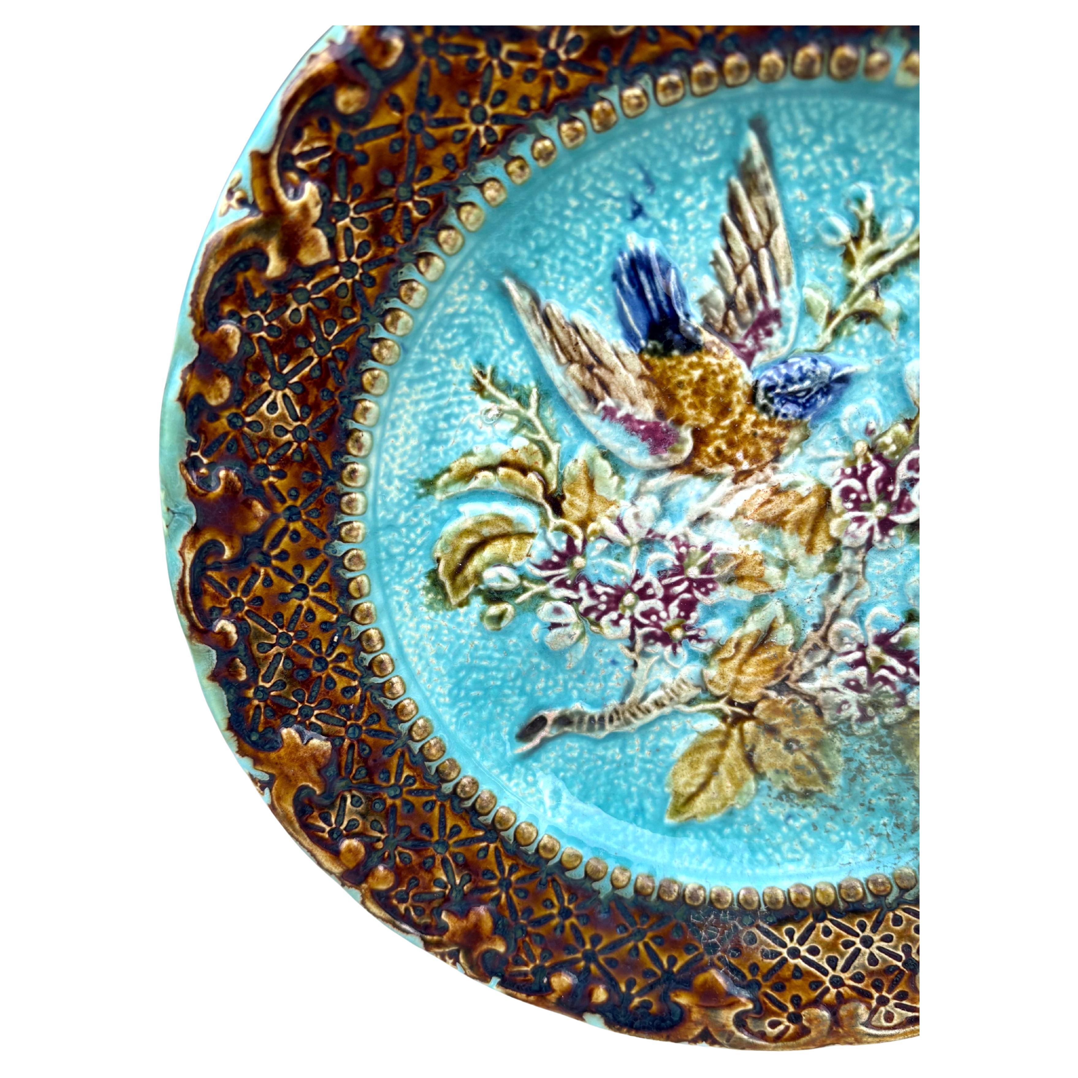 Rustic French Majolica Bird & Flower Plate, Circa 1890 For Sale