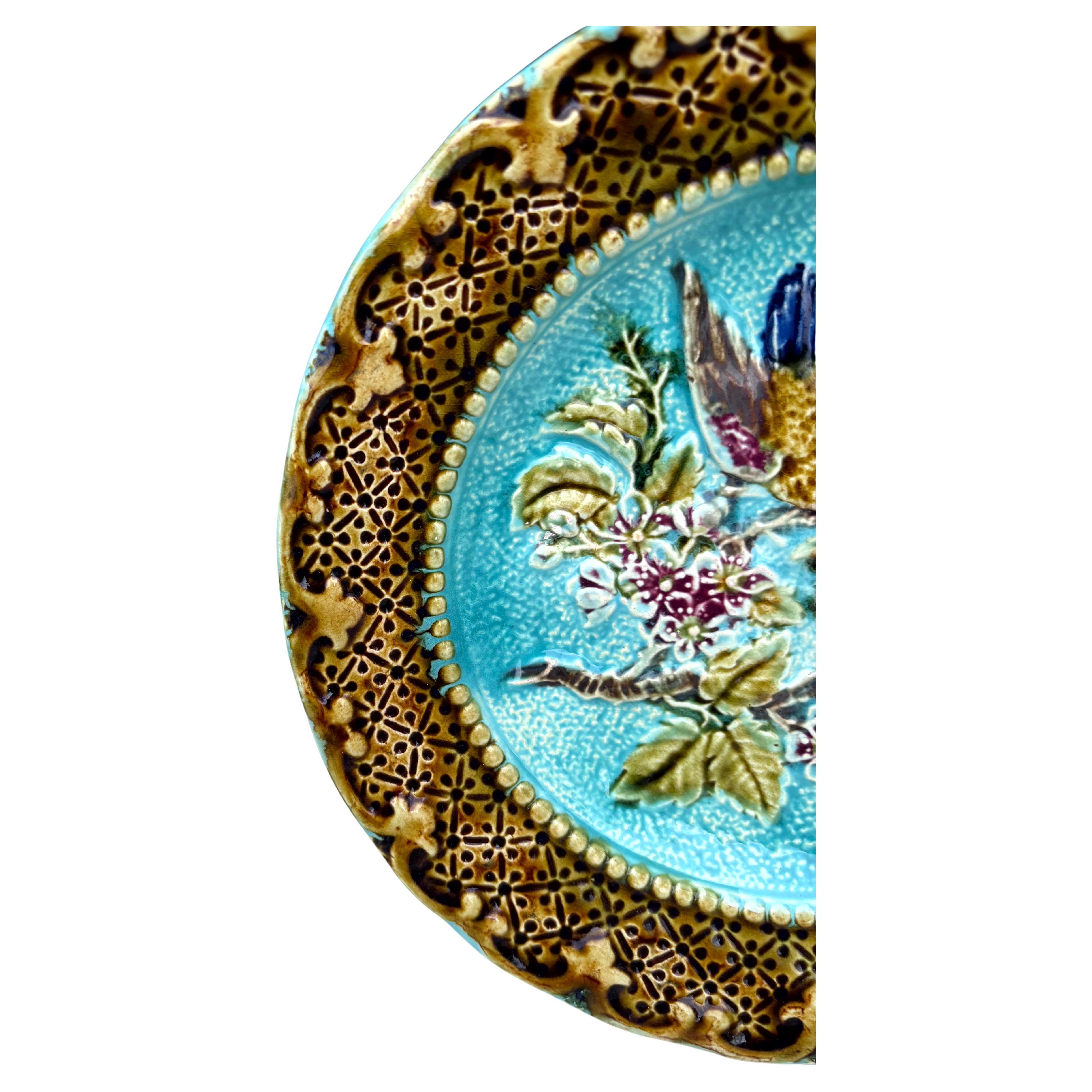 Rustic French Majolica Bird & Flower Plate, Circa 1890 For Sale