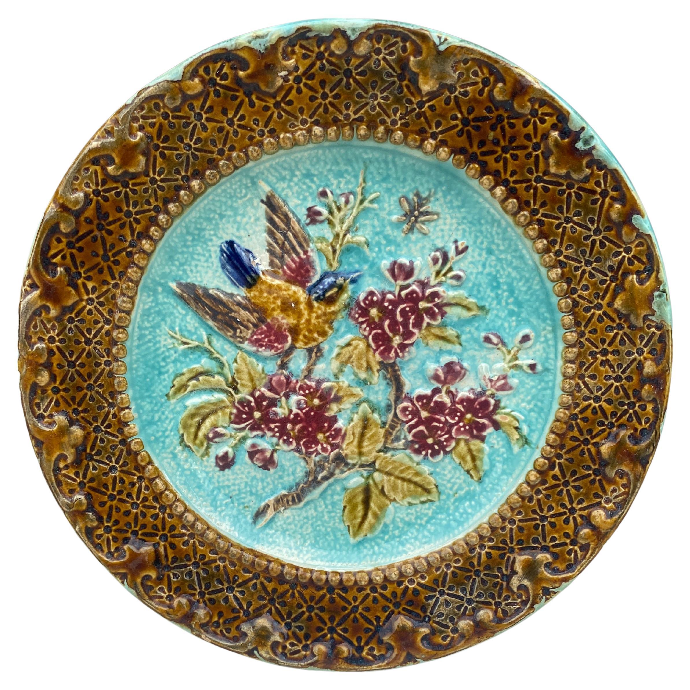 French Majolica Bird & Flower Plate, Circa 1890
