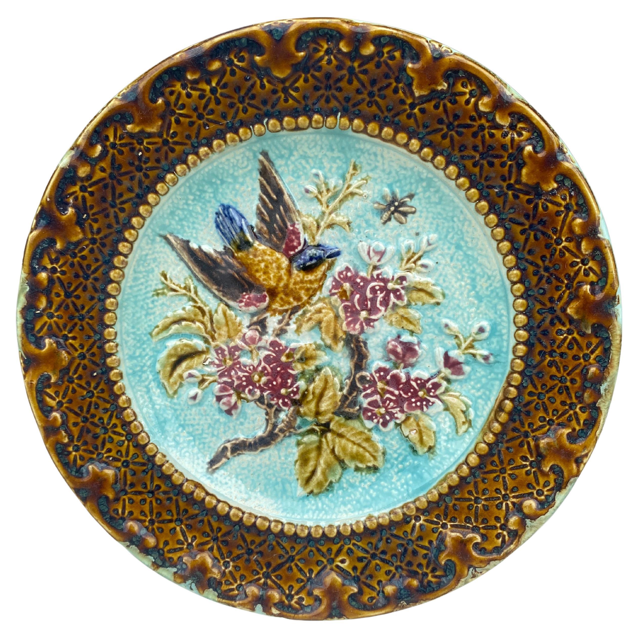 French Majolica Bird & Flower Plate, Circa 1890