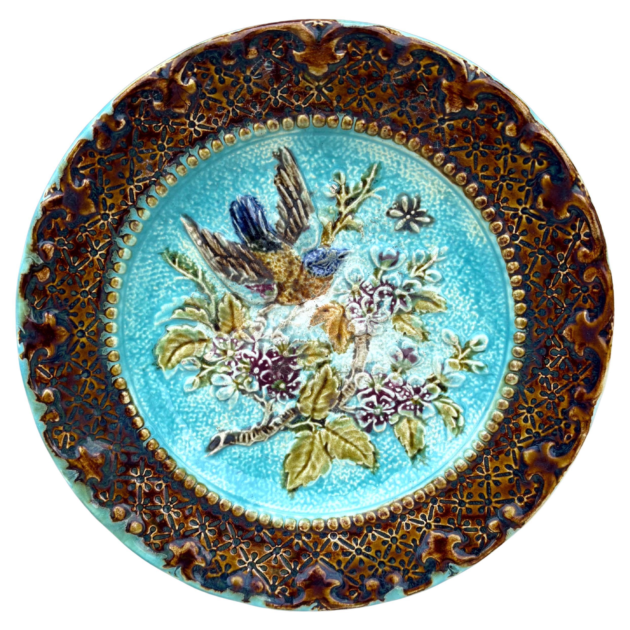 French Majolica Bird & Flower Plate, Circa 1890 For Sale