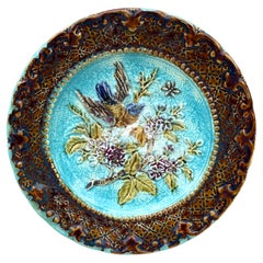 French Majolica Bird & Flower Plate, Circa 1890