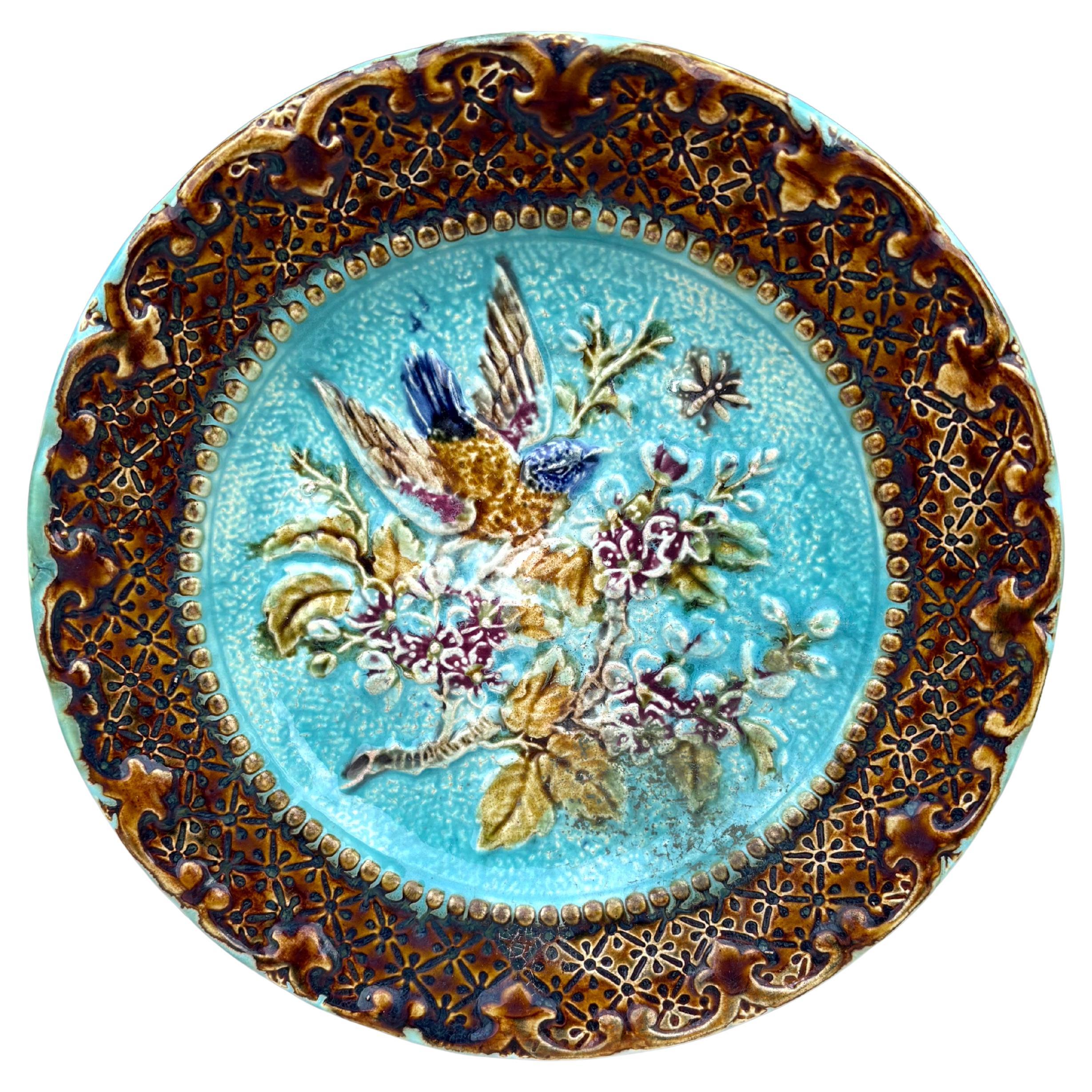 French Majolica Bird & Flower Plate, Circa 1890