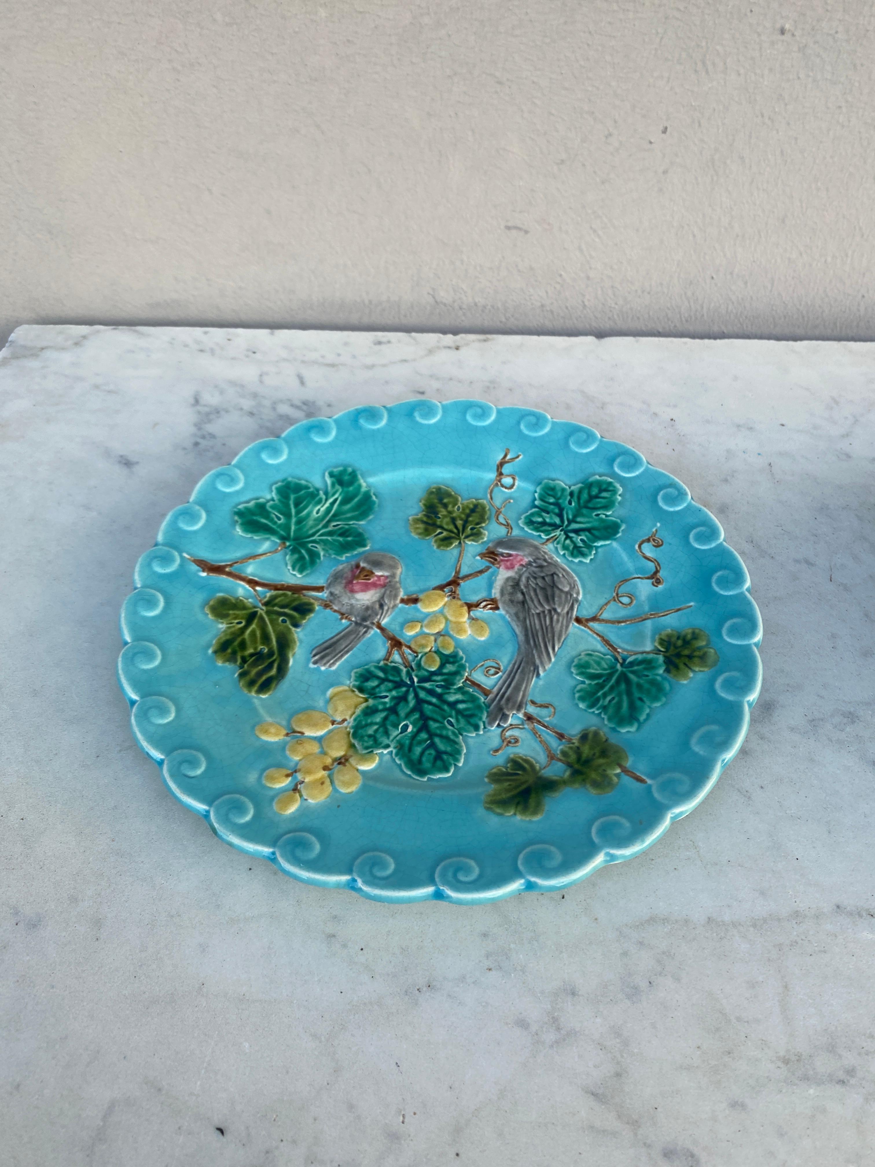 French Majolica bird with grapes plate signed Sarreguemines, circa 1880.