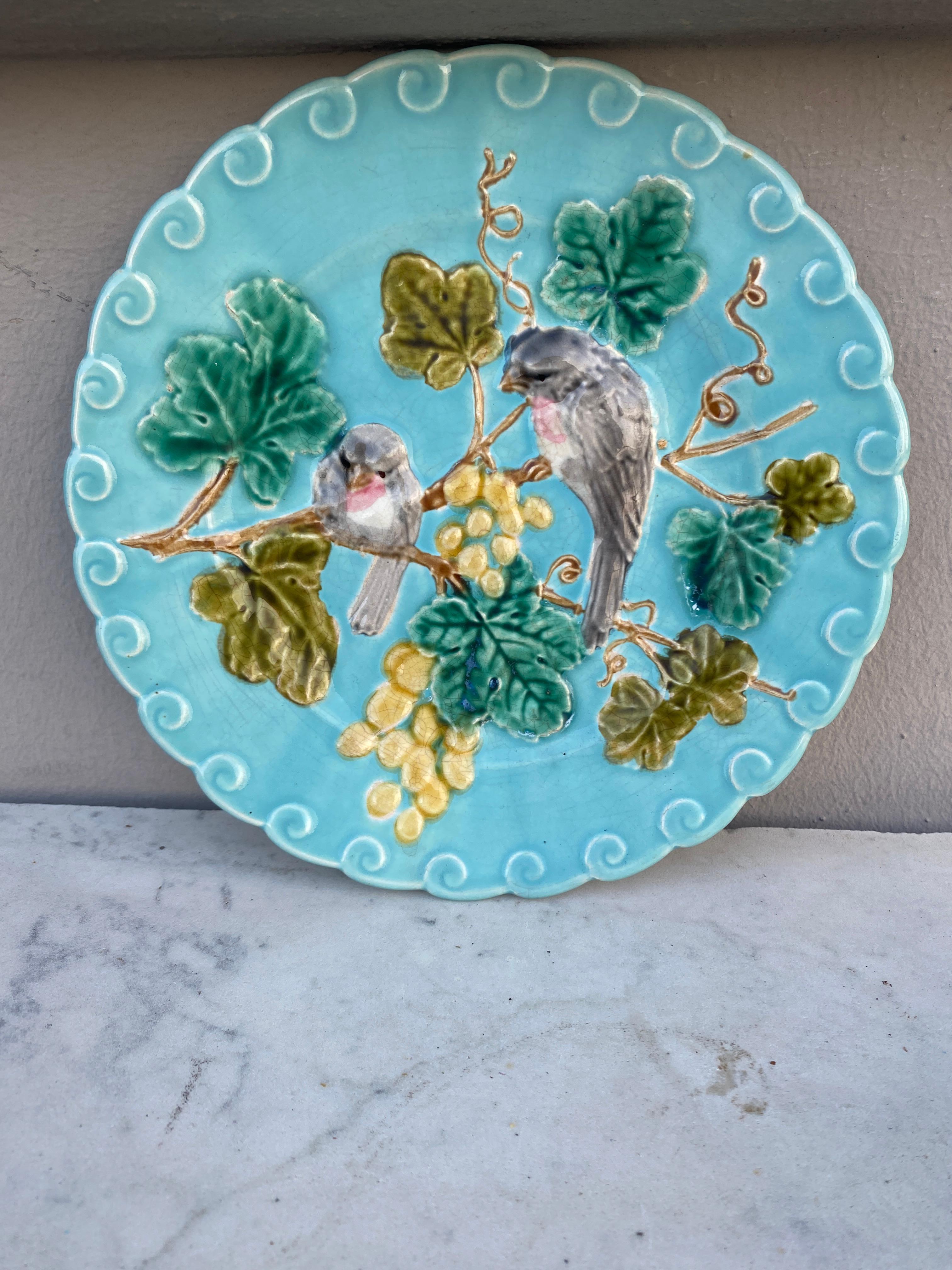 French Majolica bird with grapes plate signed Sarreguemines, circa 1880.