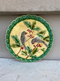 French Majolica Bird & Holly Plate Sarreguemines, circa 1880