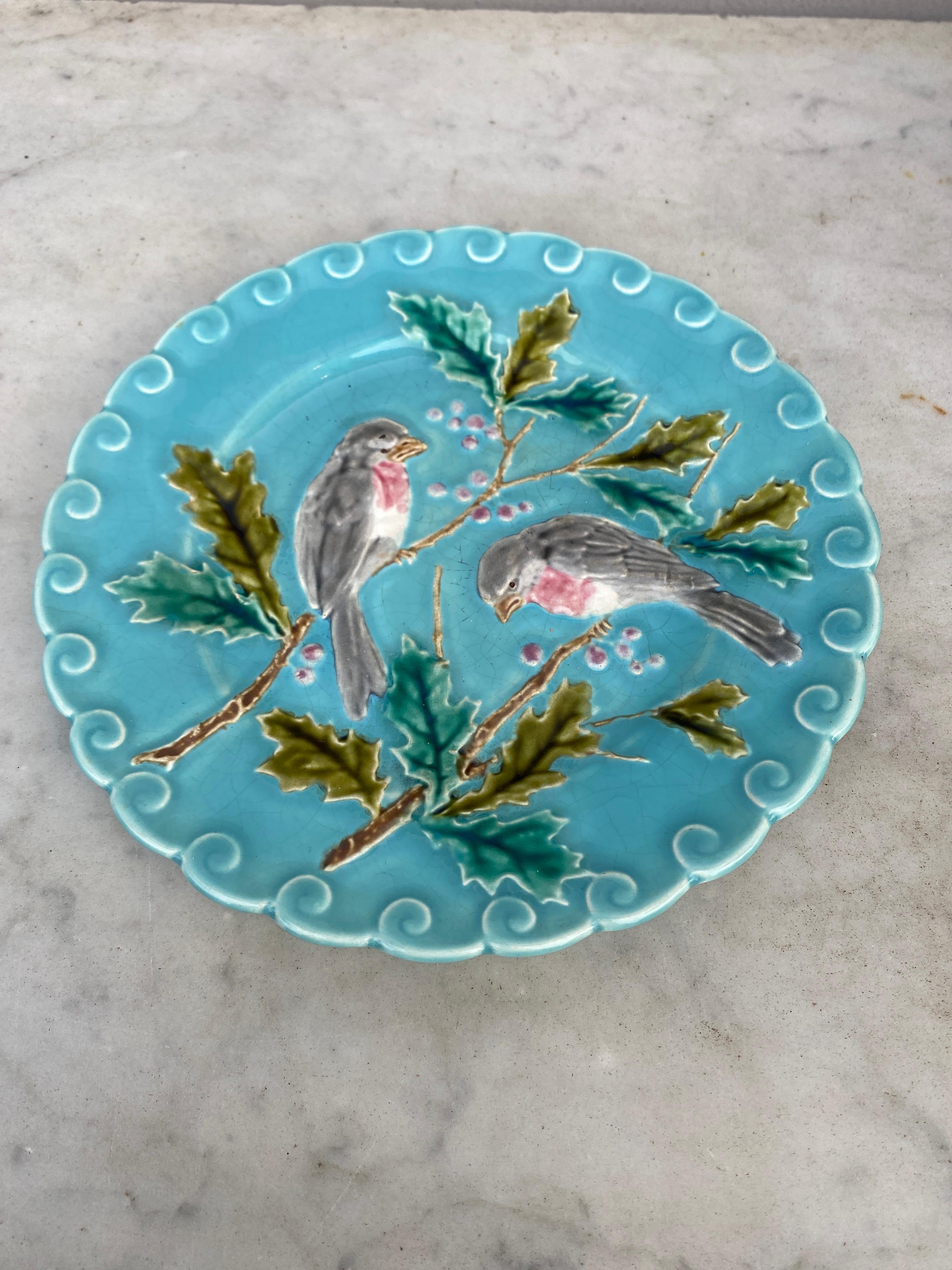 French Majolica bird with holly aqua plate signed Sarreguemines, circa 1880.