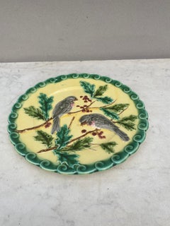 French Majolica Bird & Holly Plate Sarreguemines, circa 1880