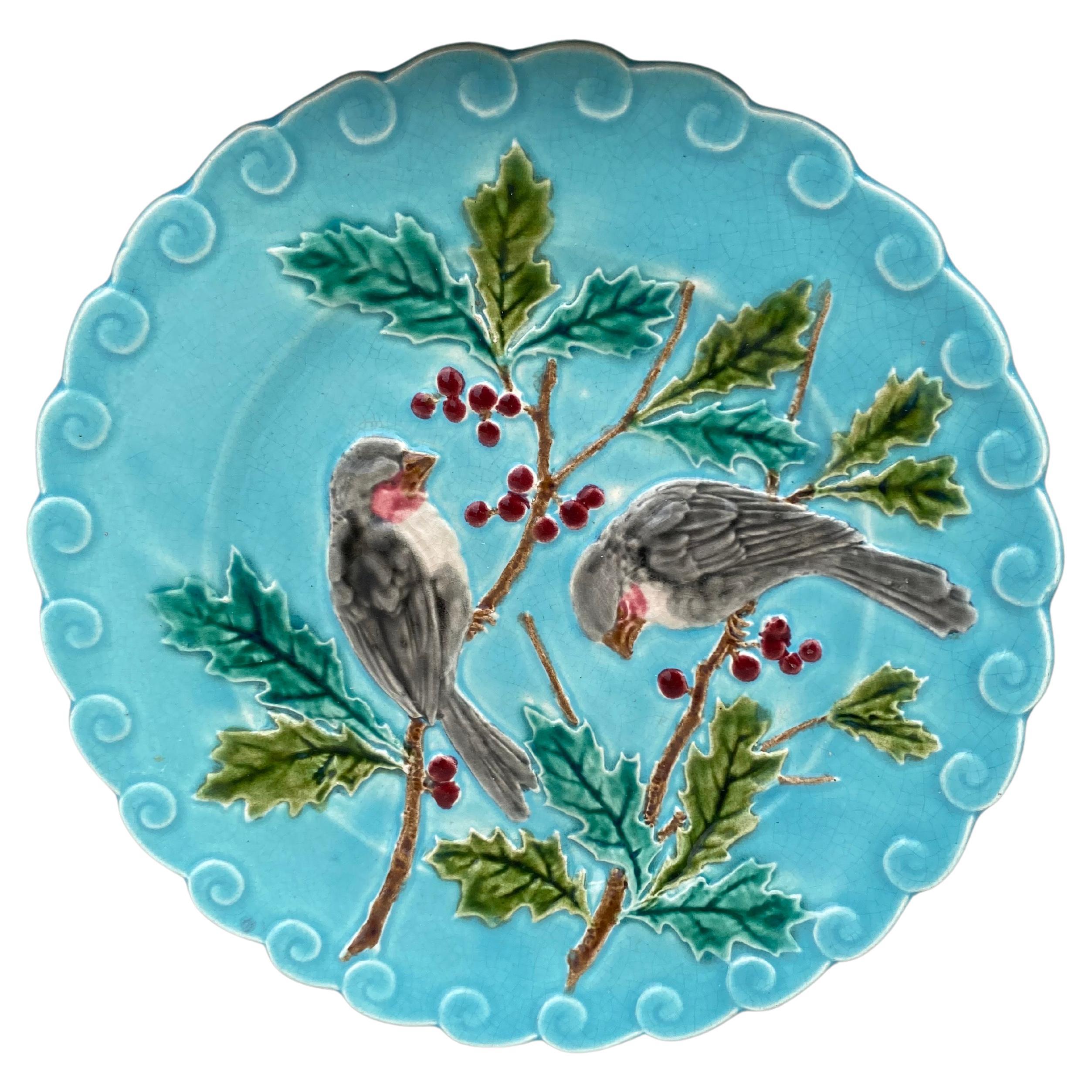 French Majolica Bird & Holly Plate Sarreguemines, circa 1880