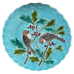 French Majolica Bird & Holly Plate Sarreguemines, circa 1880