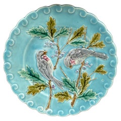 French Majolica Bird & Holly Plate Sarreguemines, circa 1880