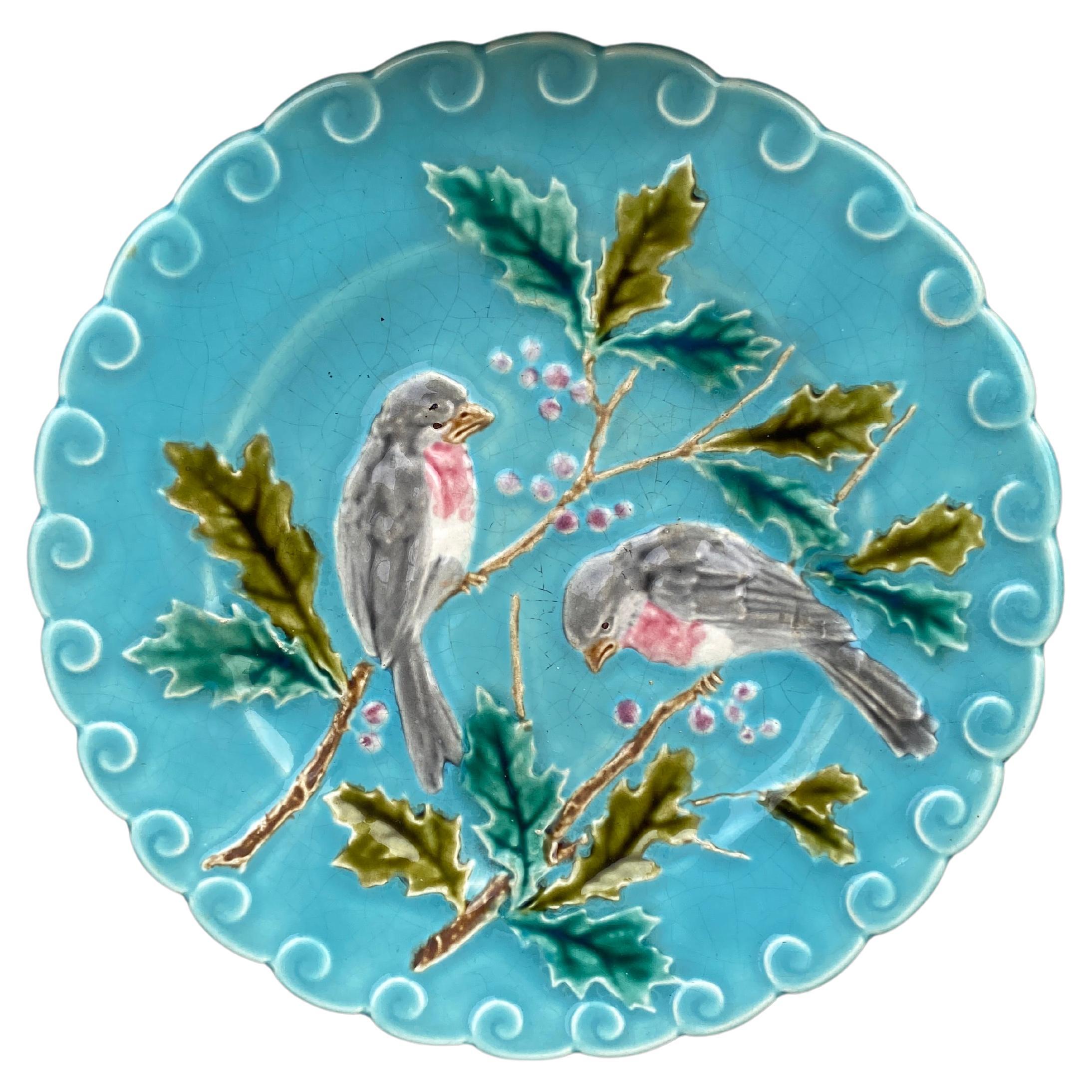 Französischer Majolika-Teller mit Vogel- und Hollenmotiv aus Sarreguemines, um 1880