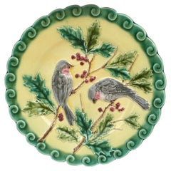 Antique French Majolica Bird & Holly Plate Sarreguemines, circa 1880