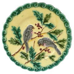 French Majolica Bird & Holly Plate Sarreguemines, circa 1880