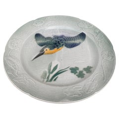 Piatto in maiolica francese per uccelli Keller & Guerin Saint Clement circa 1900