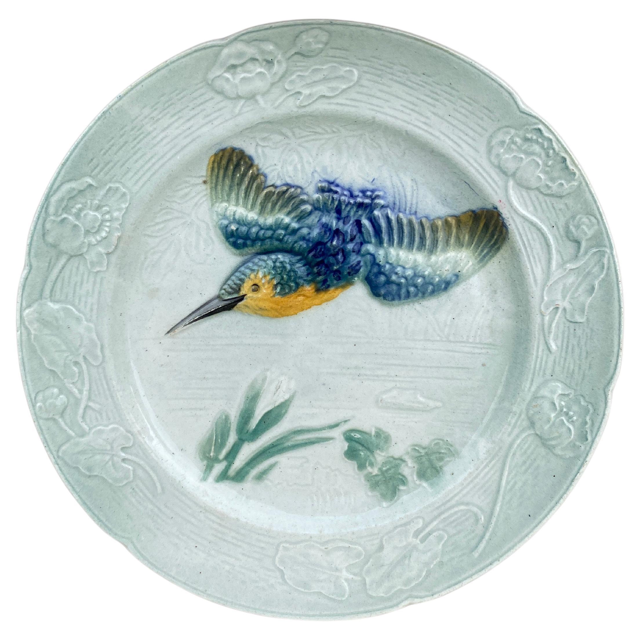 Assiette à oiseaux en majolique française Keller &amp; Guerin Saint Clément vers 1900 en vente