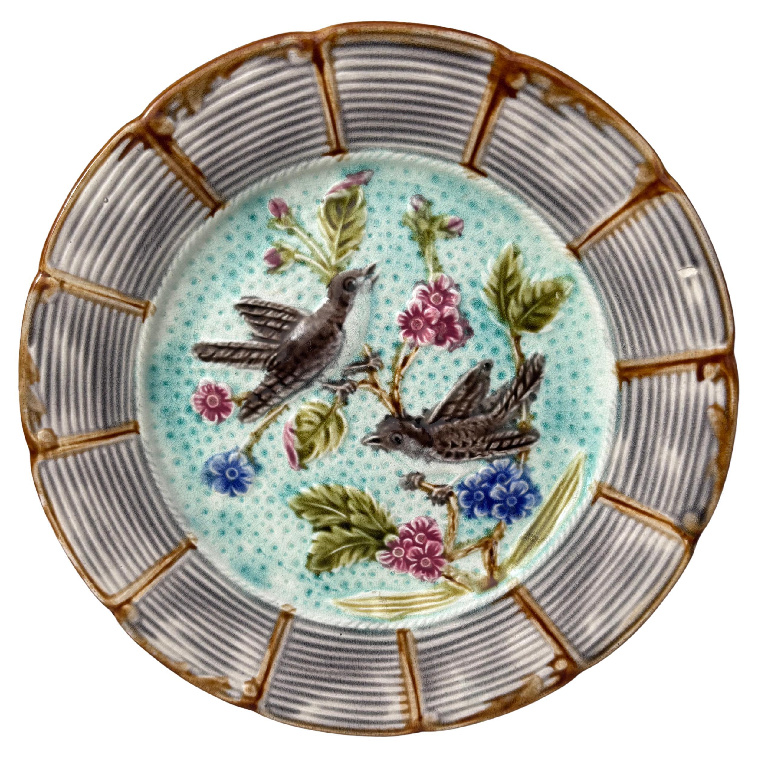 French Majolica Bird Plate Nimy Les Mons, circa 1890