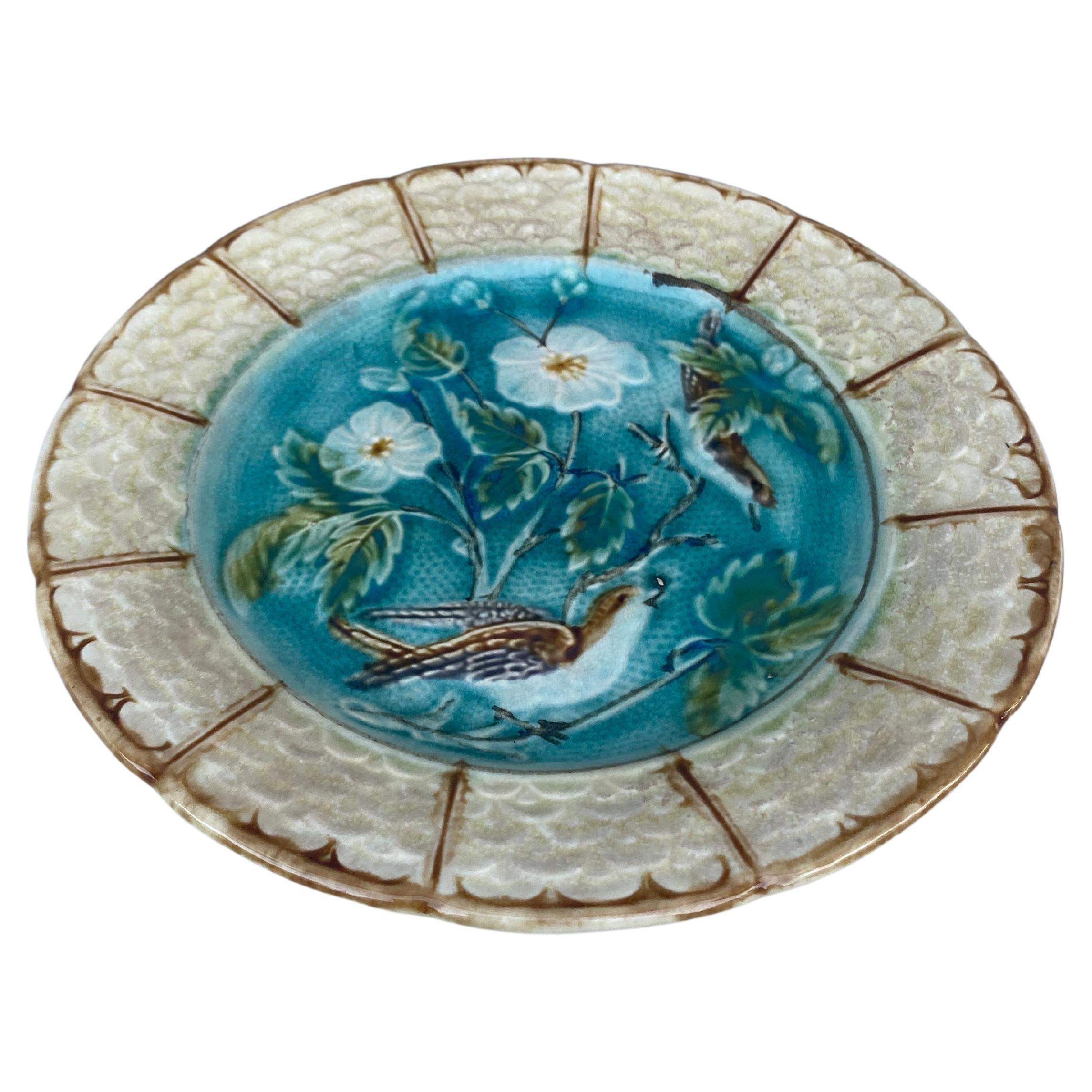 French majolica plate with bird & white flowers Onnaing, circa 1890.