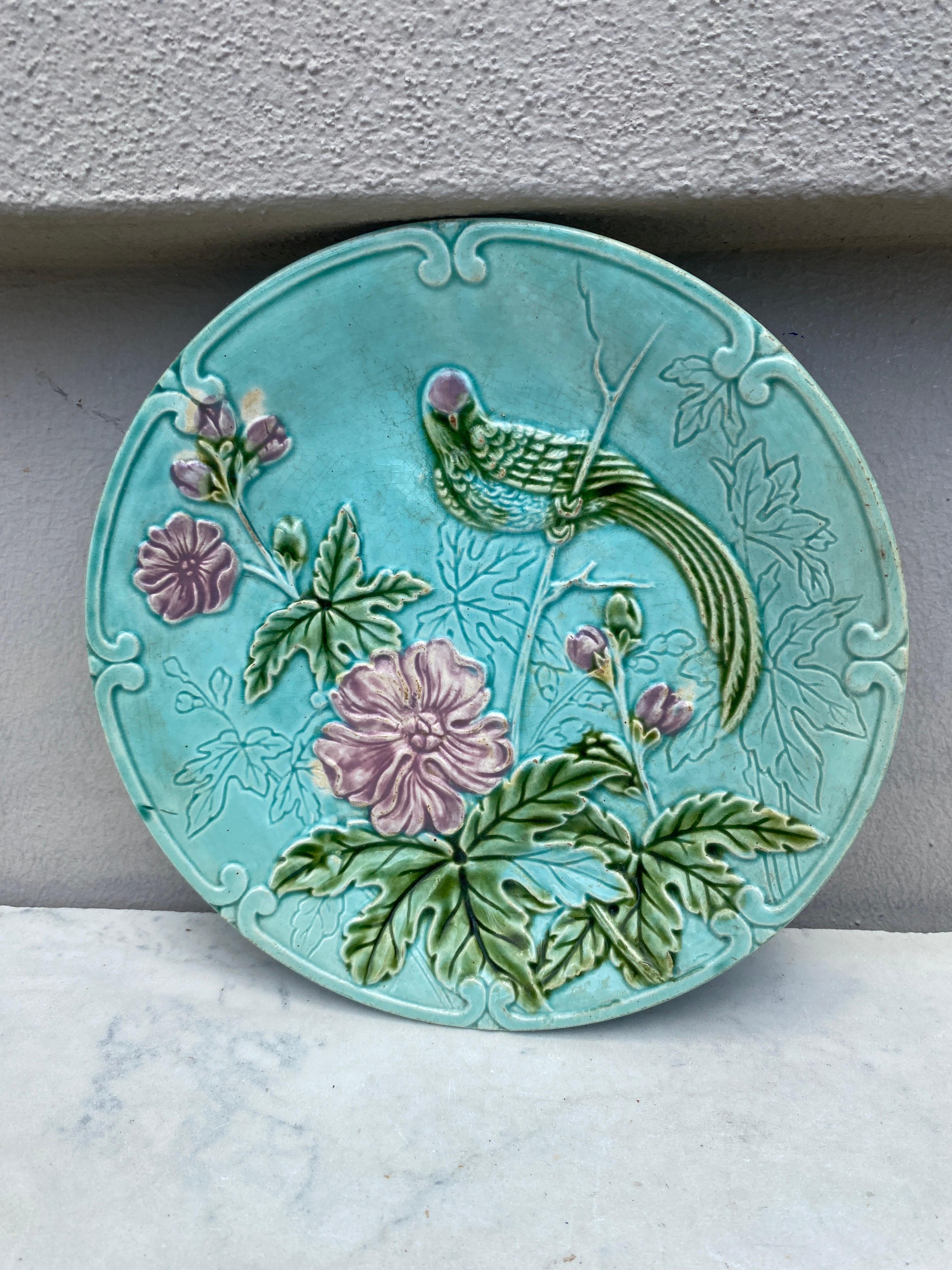 Ceramic French Majolica Bird Plate Onnaing, circa 1890 For Sale