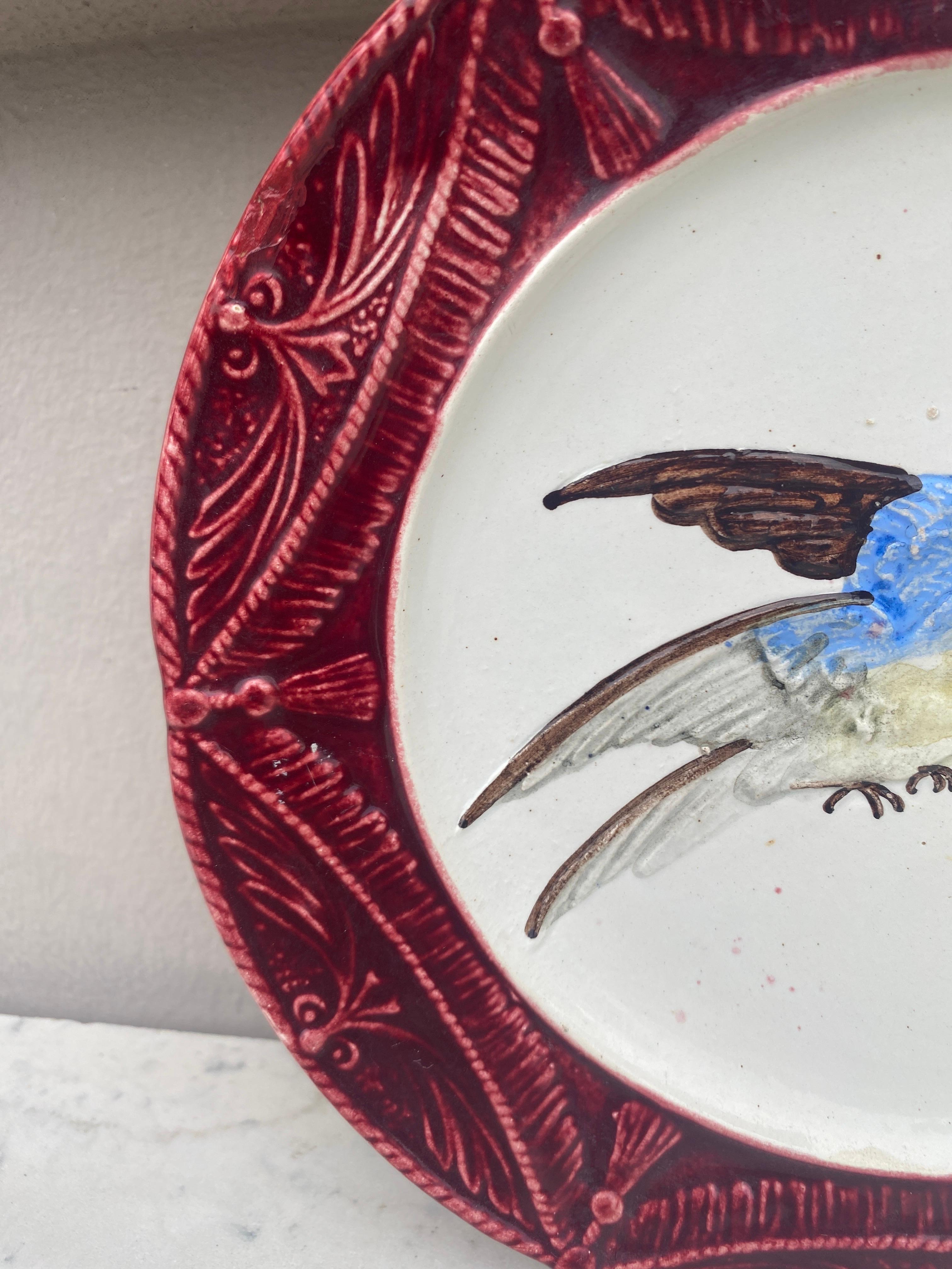 Rustic French Majolica Bird Plate Orchies, Circa 1900 For Sale