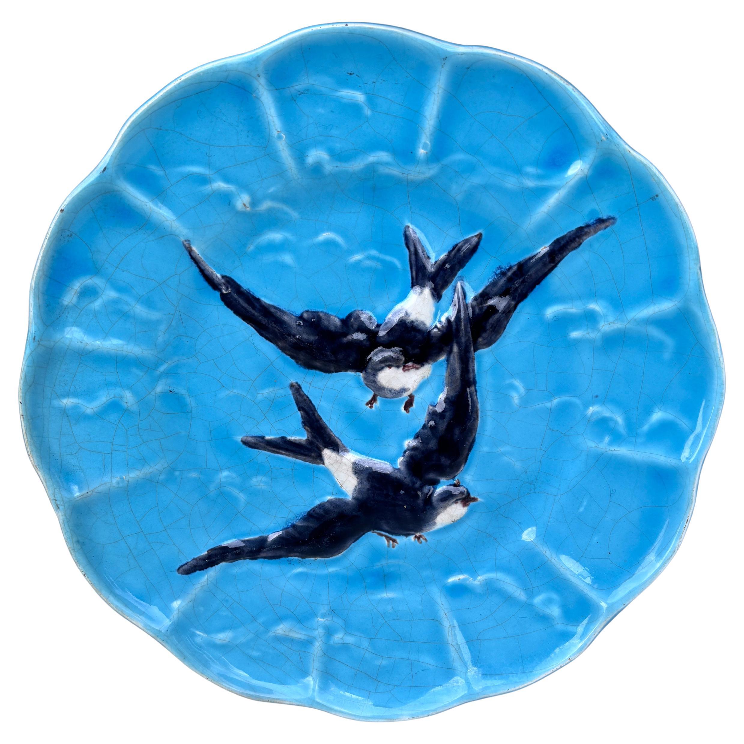 French Majolica Bird Swallow Plate Sarreguemines, circa 1880