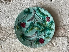 French Majolica Birds & Berries Plates, c 1890's, Set of 2
