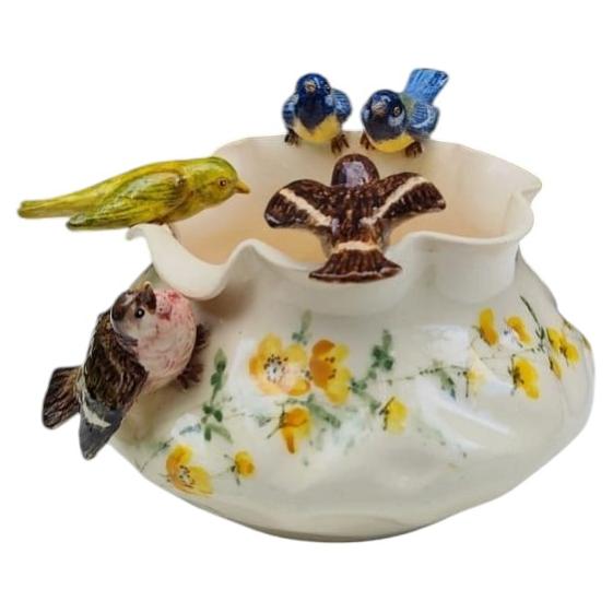 French Majolica Birds Cache Pot Jerome Massier, circa 1900 For Sale