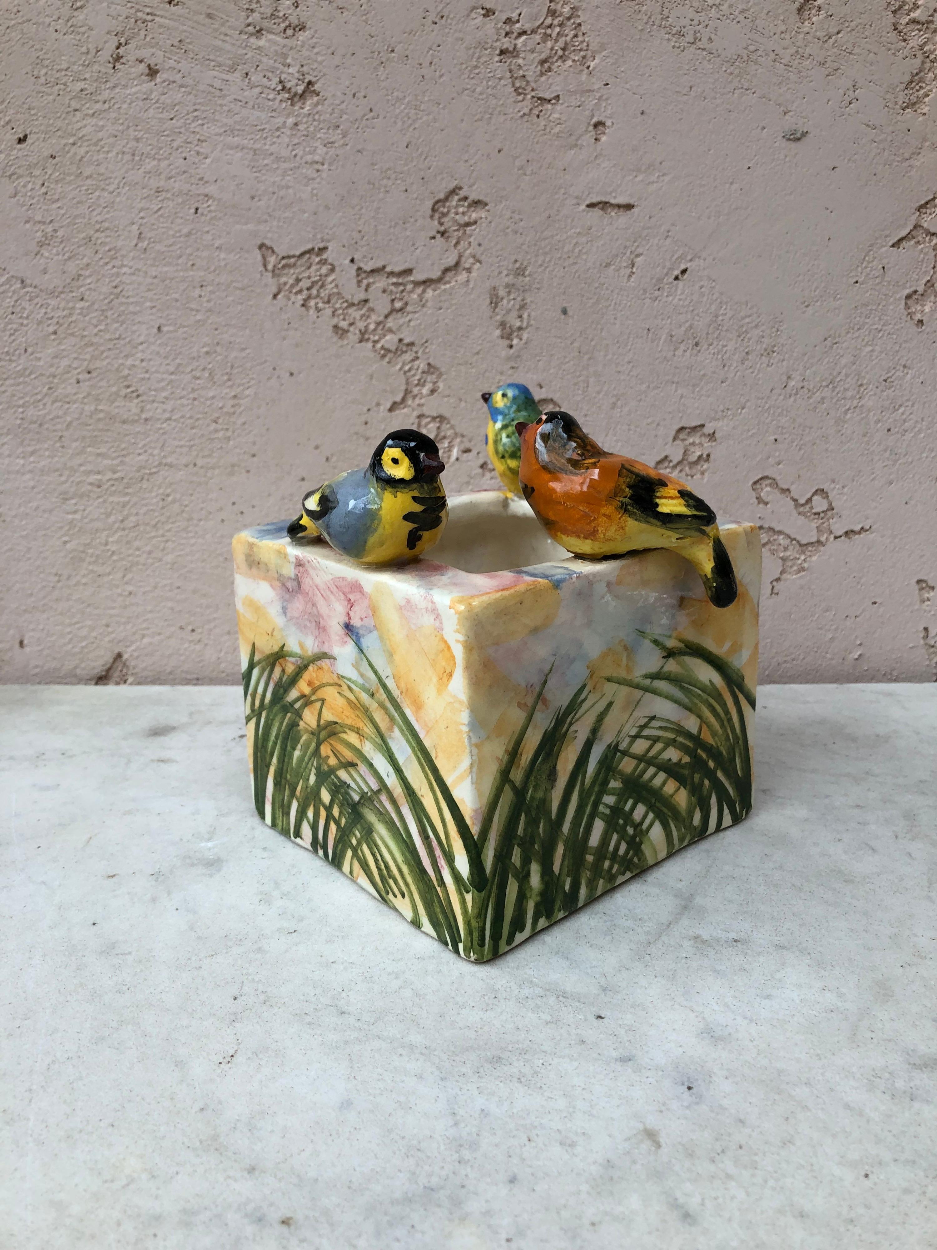 Rustic French Majolica Birds Cache Pot Jerome Massier Fils, circa 1930