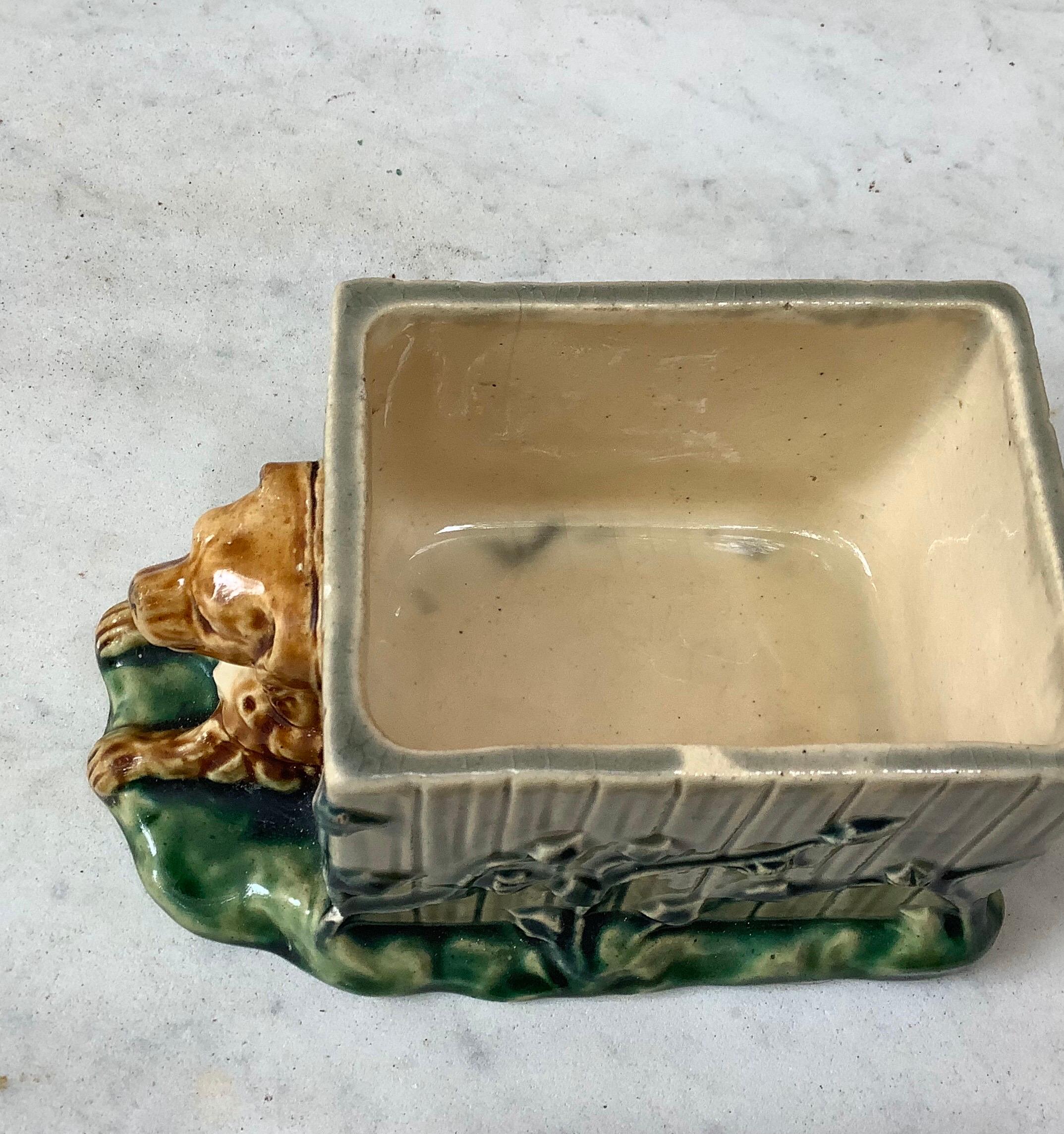 Late 19th Century French Majolica Box Dog in a Kennel, circa 1880